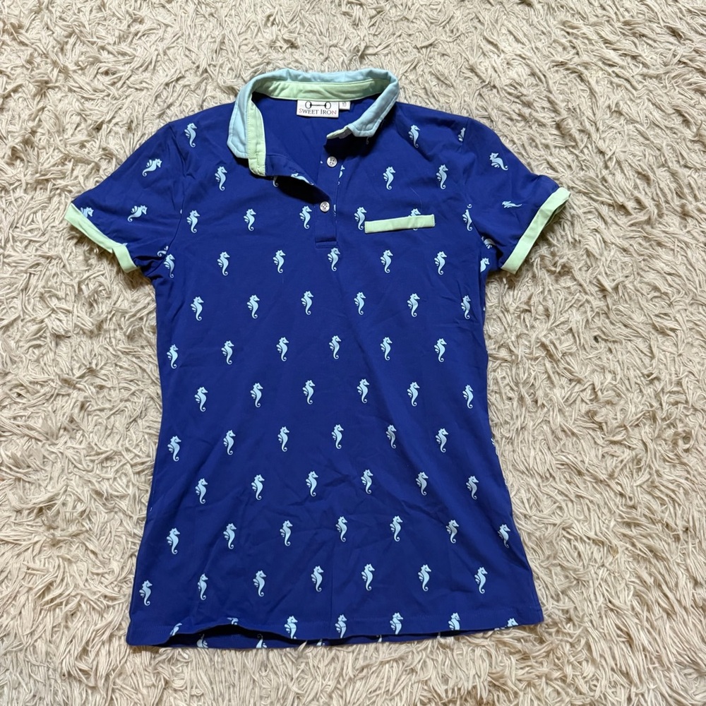 Women's Navy Seahorse Print Button-Down Polo with Mint Trim